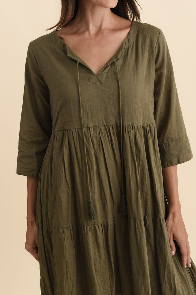 Milana Khaki Crinkle Cotton Dress,Brunette model,alt text|model:Cara image 7