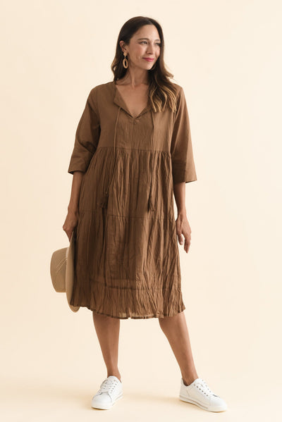 Milana Mocha Crinkle Cotton Dress