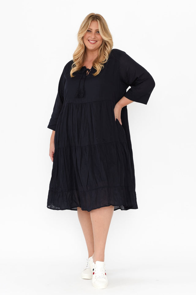 Milana Navy Crinkle Cotton Dress,Blonde model,alt text|model:Caitlin image 12