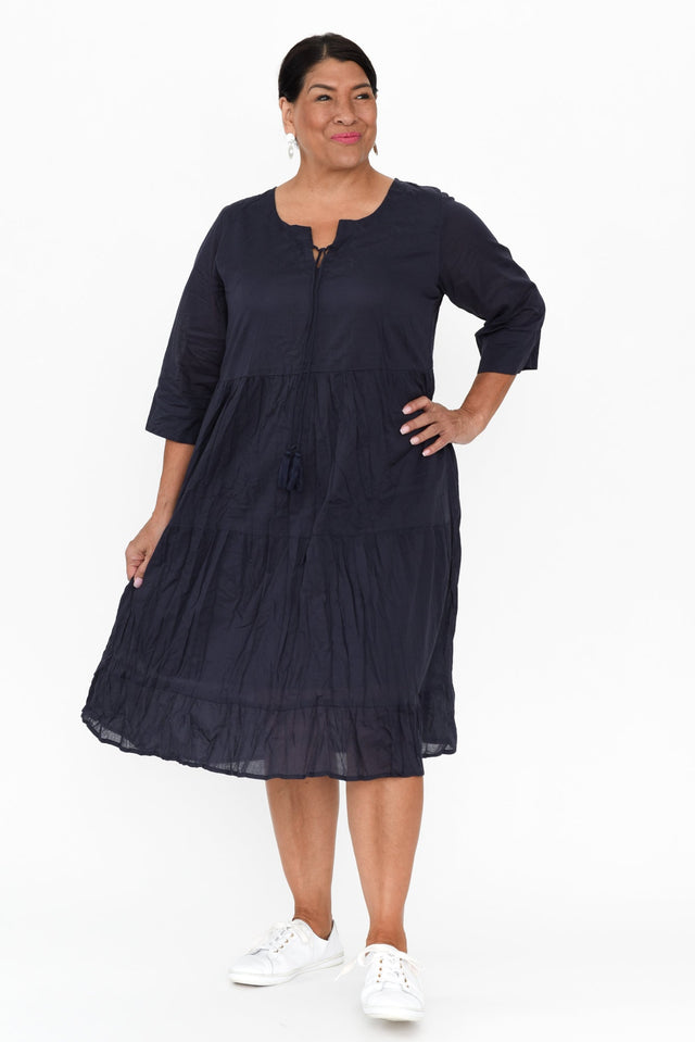 Milana Navy Crinkle Cotton Dress,Brunette model,alt text|model:Pilita image 9