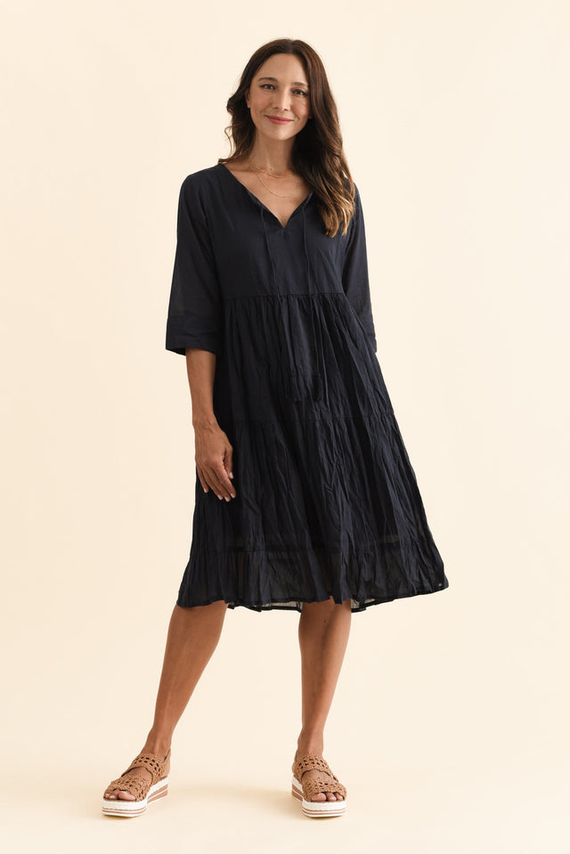 Milana Navy Crinkle Cotton Dress,Brunette model,alt text|model:Cara image 7