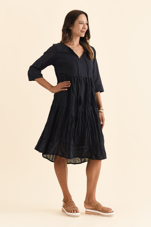 Milana Navy Crinkle Cotton Dress,Brunette model,alt text|model:Cara image 5