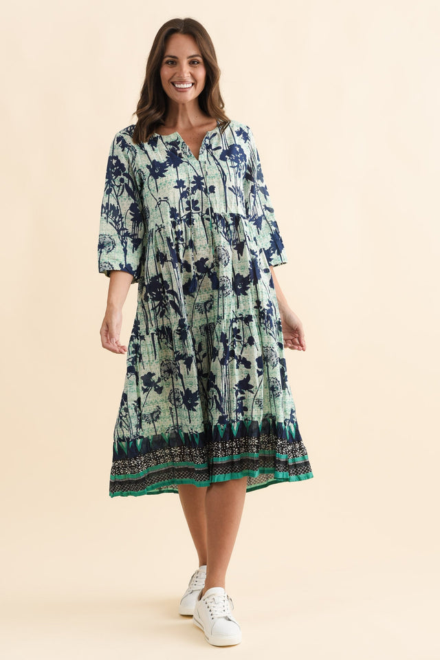 Milana Navy Dandelion Crinkle Cotton Dress,Brunette model,alt text|model:MJ image 3