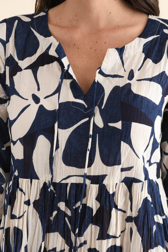 Milana Navy Garden Crinkle Cotton Dress,Detail,Brunette model,alt text|model:MJ image 6