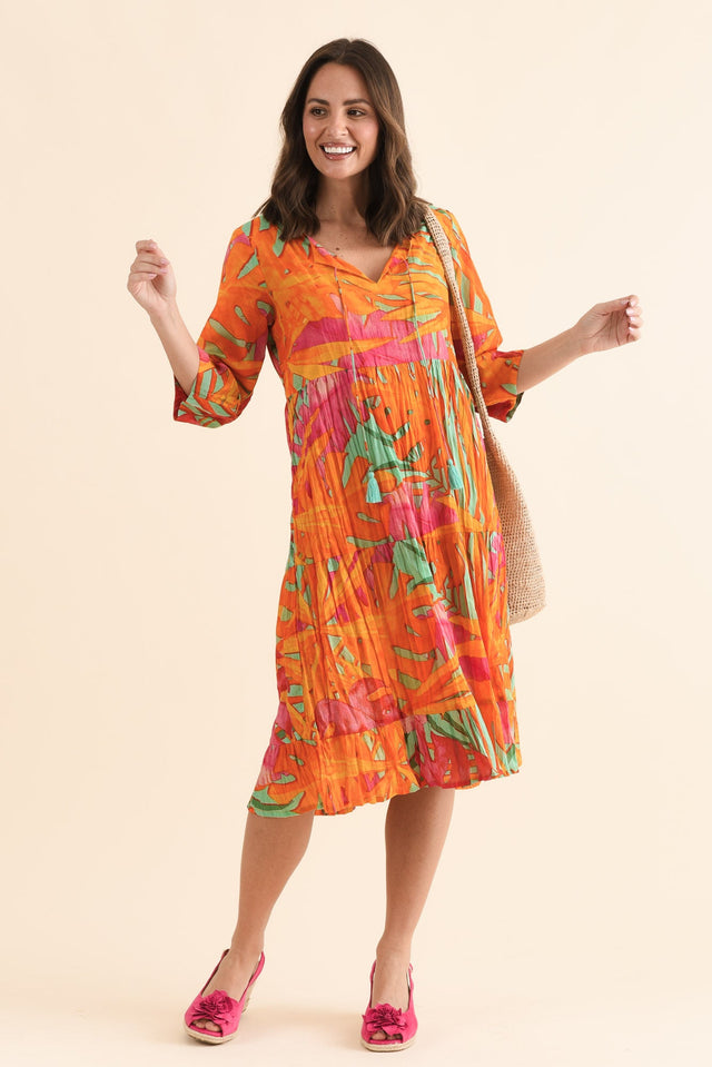 Milana Orange Leaf Crinkle Cotton Dress,Front,Brunette model,alt text|model:MJ