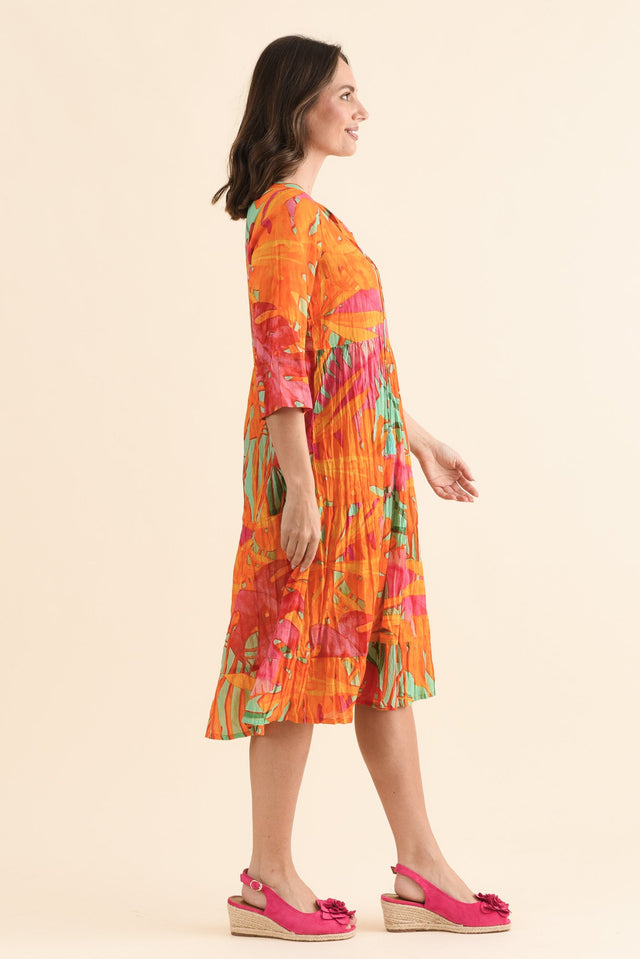 Milana Orange Leaf Crinkle Cotton Dress,Side,Brunette model,alt text|model:MJ image 3