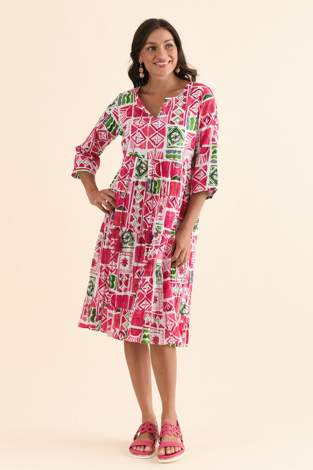 Milana Pink Tile Crinkle Cotton Dress,Full Body,Brunette model,alt text|model:Brontie image 2
