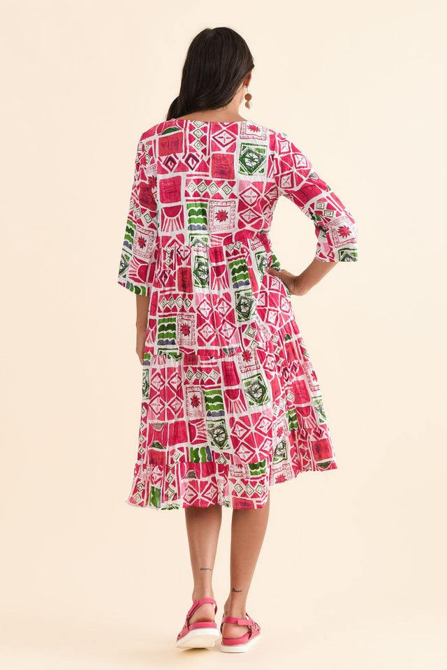 Milana Pink Tile Crinkle Cotton Dress,Back,Brunette model,alt text|model:Brontie image 4