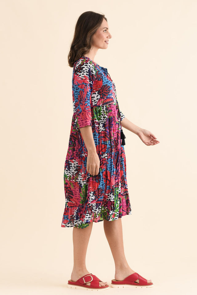 Milana Purple Leaf Crinkle Cotton Dress,Side,Brunette model,alt text|model:MJ image 3