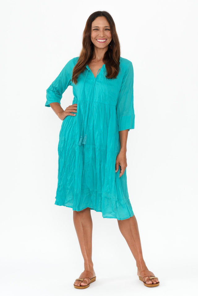 Milana Sky Blue Crinkle Cotton Dress,Brunette model,alt text|model:Cara image 3