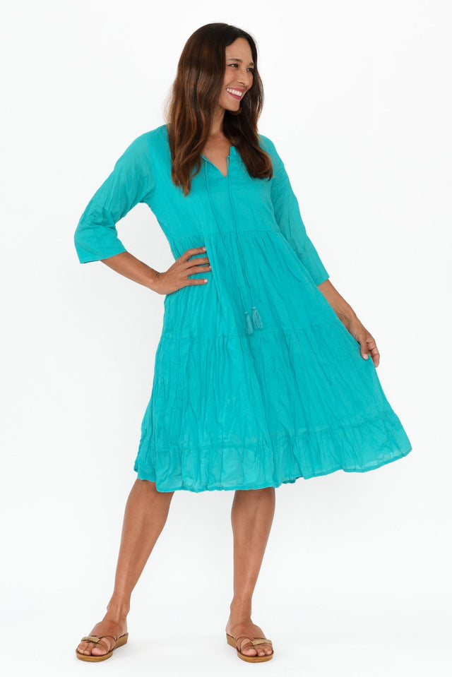 Milana Sky Blue Crinkle Cotton Dress,Brunette model,alt text|model:Cara image 7