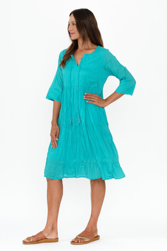 Milana Sky Blue Crinkle Cotton Dress,Brunette model,alt text|model:Cara image 4