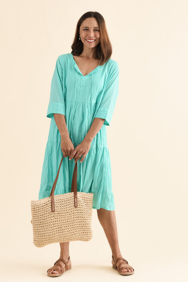 Milana Sky Blue Crinkle Cotton Dress,Front,Brunette model,alt text|model:Cara