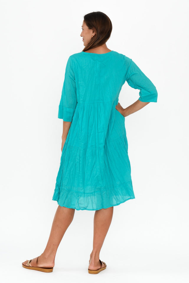 Milana Sky Blue Crinkle Cotton Dress,Brunette model,alt text|model:Cara image 5