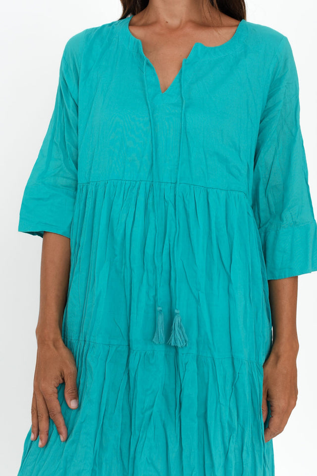 Milana Sky Blue Crinkle Cotton Dress,Brunette model,alt text|model:Cara image 6