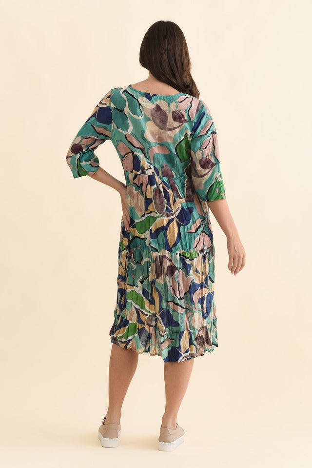 Milana Teal Foliage Crinkle Cotton Dress,Brunette model,alt text|model:MJ image 5