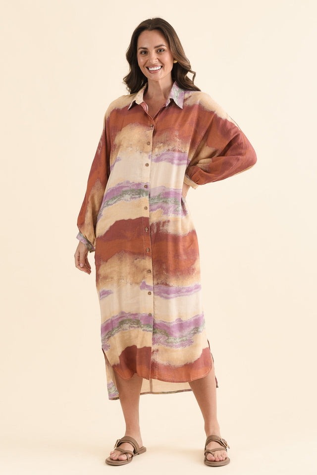 Milano Rust Stripe Linen Blend Dress,Full Body,Brunette model,alt text|model:MJ image 6