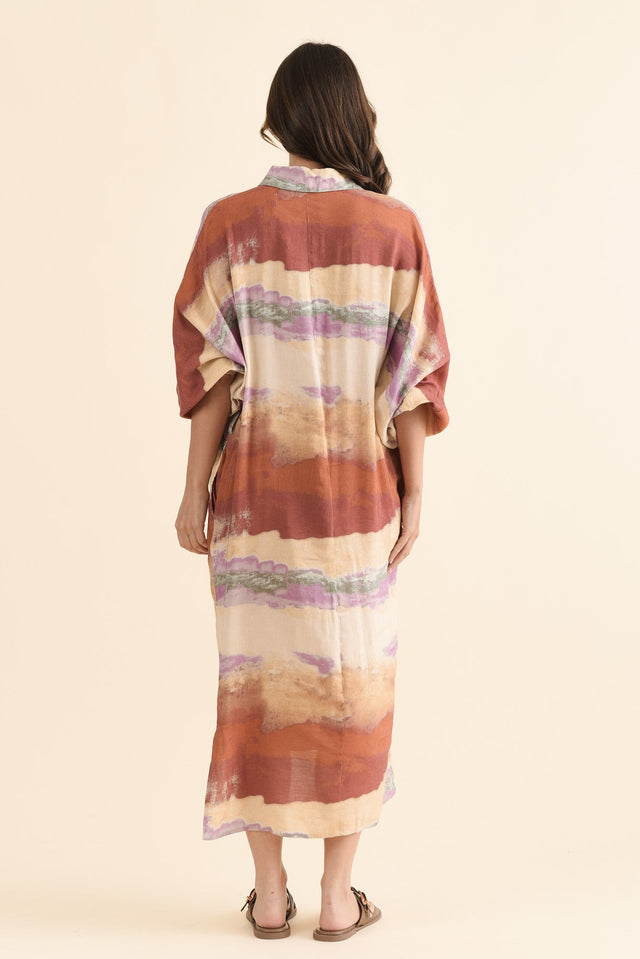 Milano Rust Stripe Linen Blend Dress,Back,Brunette model,alt text|model:MJ image 4