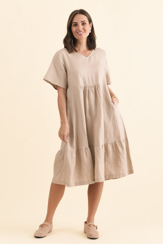 Miller Beige Linen Tiered Dress,Brunette model,alt text|model:MJ image 8