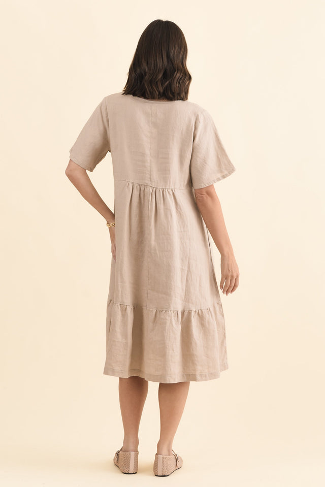 Miller Beige Linen Tiered Dress,Brunette model,alt text|model:MJ image 6