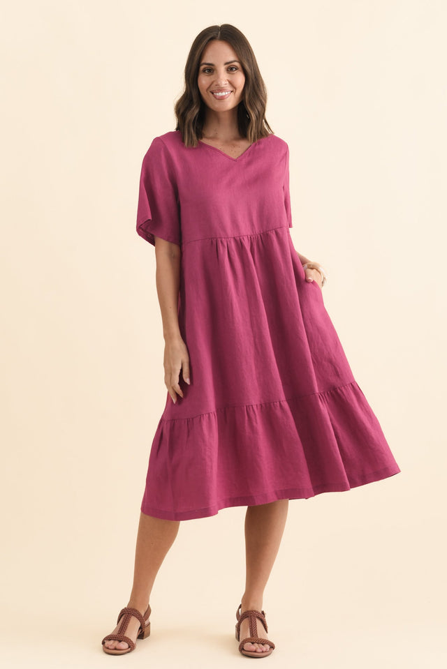 Miller Pink Linen Tiered Dress,Brunette model,alt text|model:MJ image 7