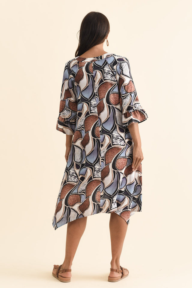 Millicent Blue Abstract Linen Cotton Dress,Brunette model,alt text|model:Cara image 6