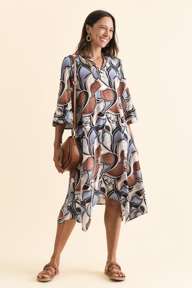 Millicent Blue Abstract Linen Cotton Dress,Brunette model,alt text|model:Cara
