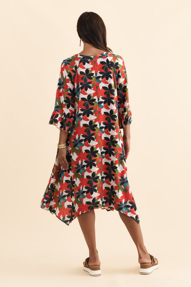 Millicent Red Leaf Linen Cotton Dress,Brunette model,alt text|model:Cara image 5