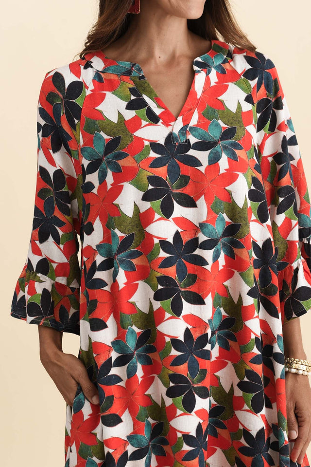 Millicent Red Leaf Linen Cotton Dress,Brunette model,alt text|model:Cara image 6