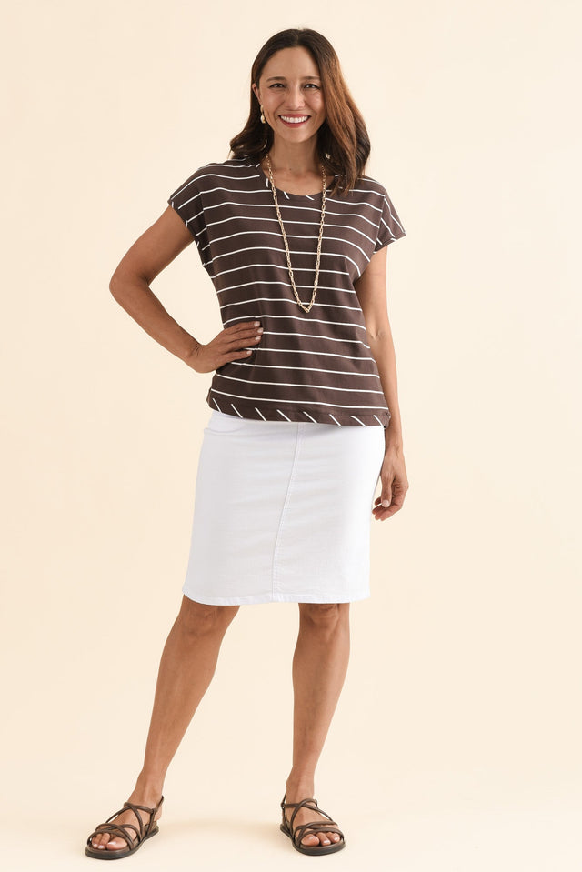 Mindy Dark Brown Stripe Cotton Shell Tee,Full Body,Brunette model,alt text|model:Cara