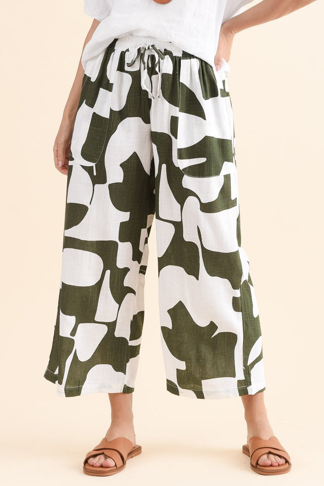 Minnelli Khaki Geo Linen Cotton Pants,Front,Brunette model,alt text|model:MJ