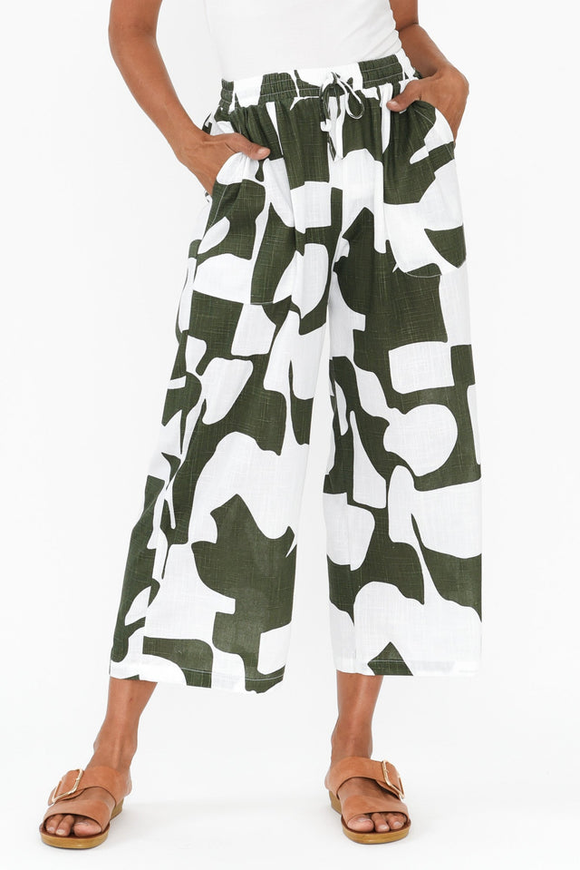 Minnelli Khaki Geo Linen Cotton Pants,Brunette model,alt text|model:Cara image 6