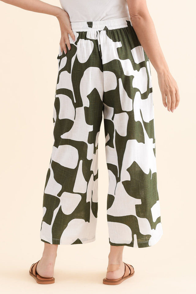 Minnelli Khaki Geo Linen Cotton Pants,Back,Brunette model,alt text|model:MJ image 5