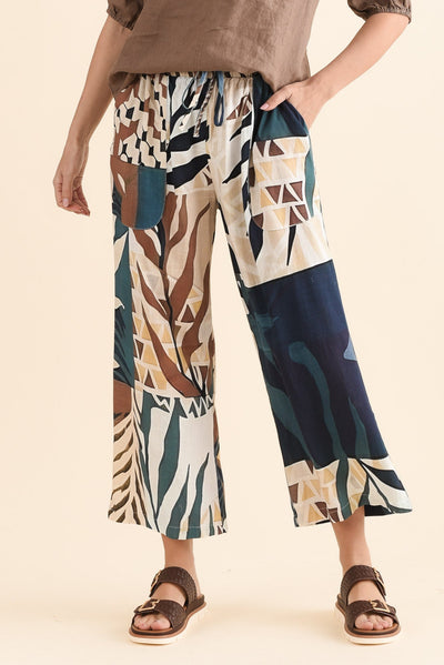 Minnelli Navy Leaf Linen Cotton Pants
