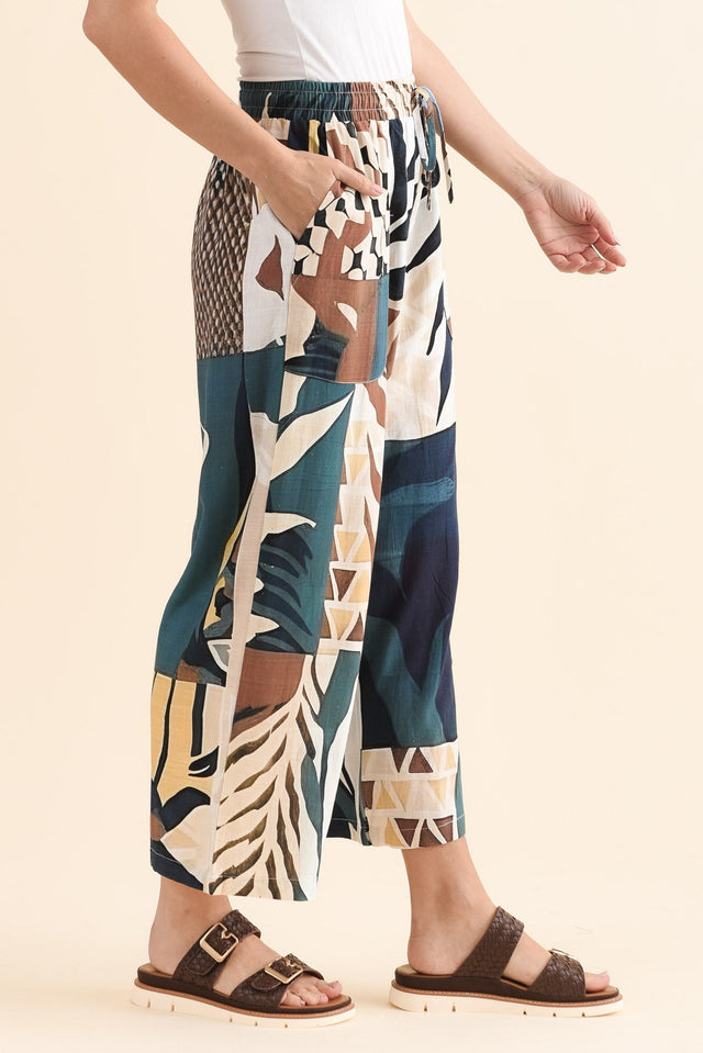 Minnelli Navy Leaf Linen Cotton Pants,Side,Brunette model,alt text|model:MJ image 3