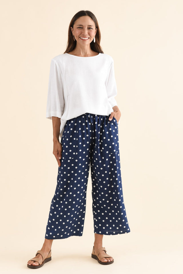 Minnelli Navy Spot Linen Cotton Pants,Full Body,Brunette model,alt text|model:Cara image 2