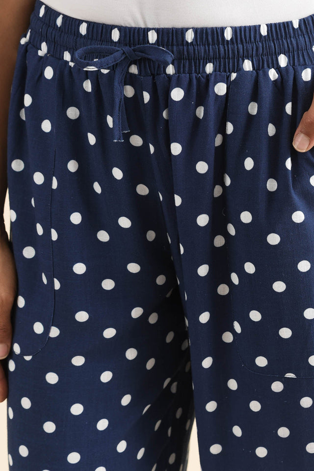 Minnelli Navy Spot Linen Cotton Pants,Detail,Brunette model,alt text|model:Cara image 5