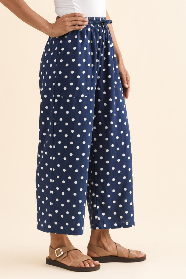 Minnelli Navy Spot Linen Cotton Pants,Side,Brunette model,alt text|model:Cara image 3