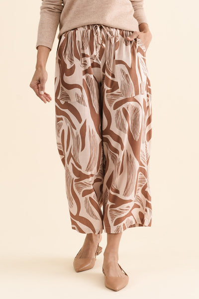Minnelli Tan Abstract Linen Cotton Pants