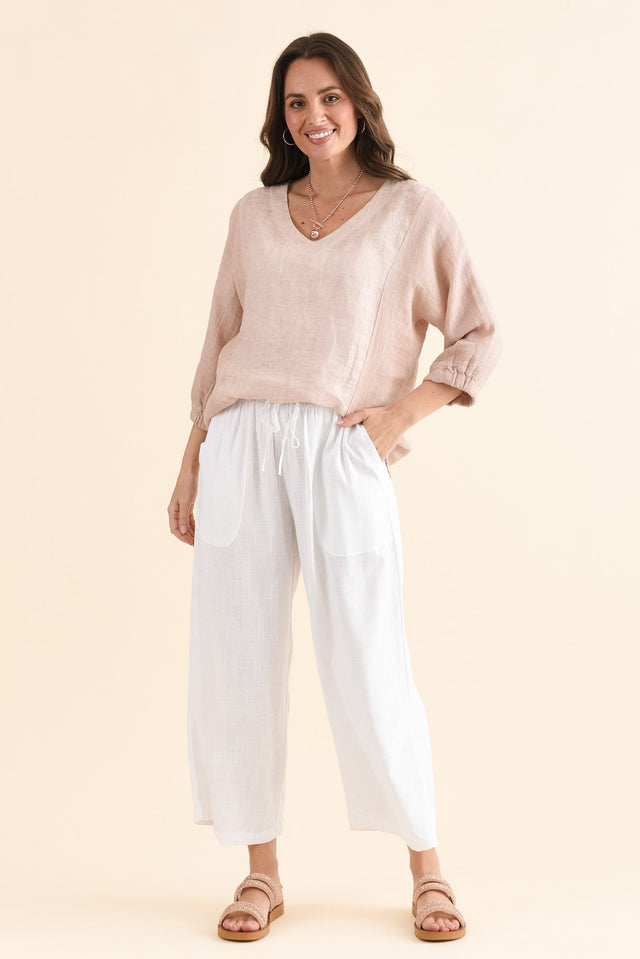 Minnelli White Linen Cotton Pants,Full Body,Brunette model,alt text|model:MJ image 6