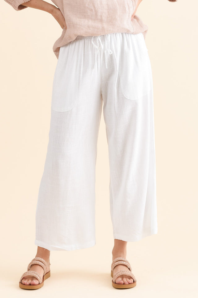 Minnelli White Linen Cotton Pants,Front,Brunette model,alt text|model:MJ