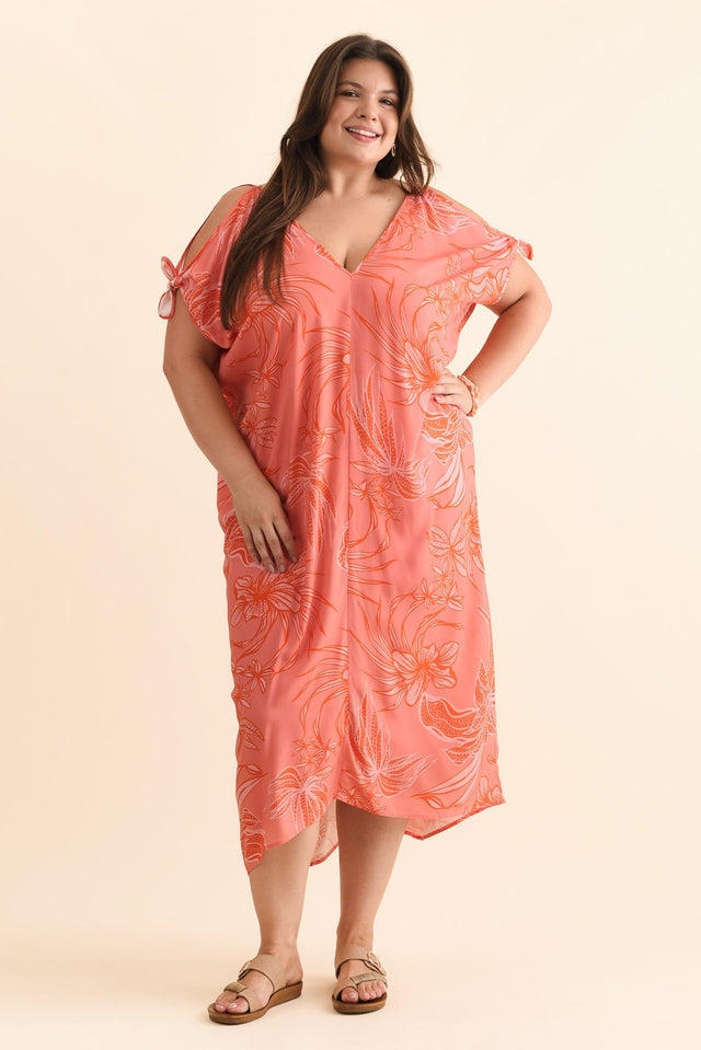 Miranda Pink Botanical Cold Shoulder Kaftan,Brunette model,alt text|model:Gabby image 10