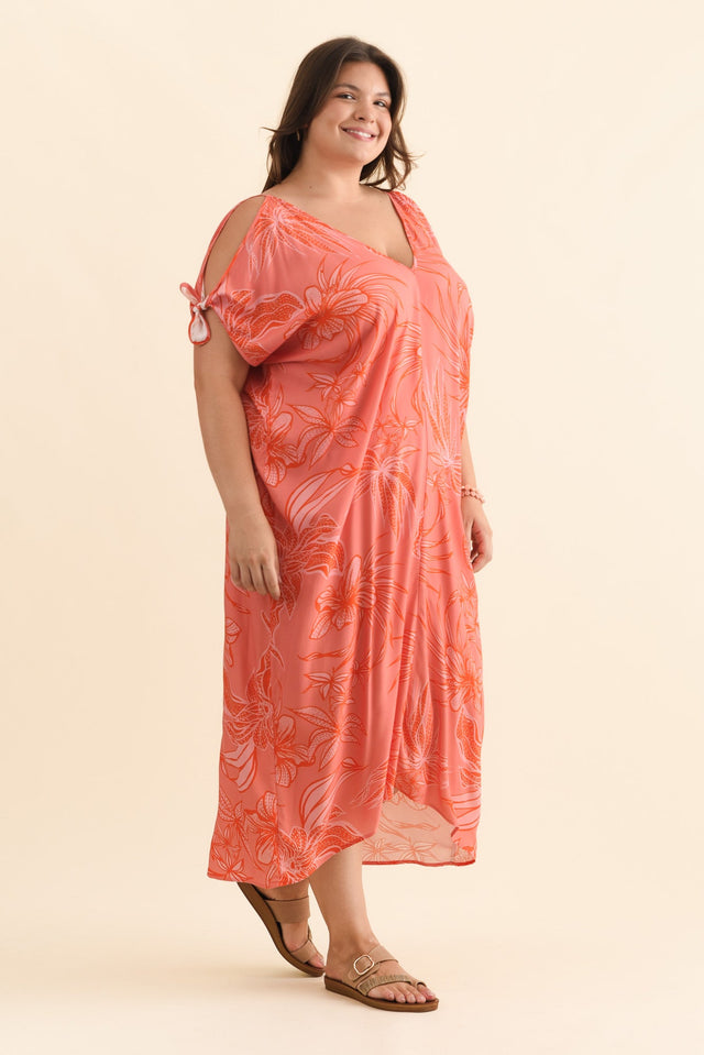 Miranda Pink Botanical Cold Shoulder Kaftan,Brunette model,alt text|model:Gabby image 11