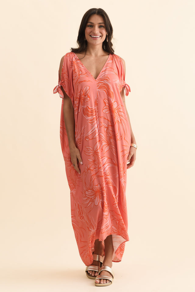 Miranda Pink Botanical Cold Shoulder Kaftan,Brunette model,alt text|model:Brontie image 4