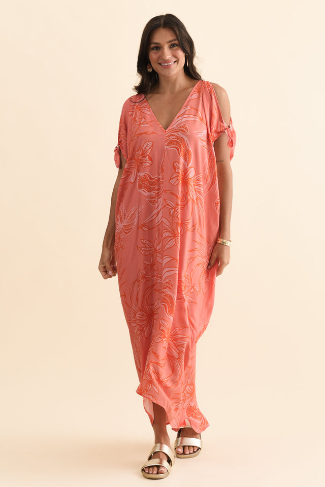 Miranda Pink Botanical Cold Shoulder Kaftan,Brunette model,alt text|model:Brontie image 8