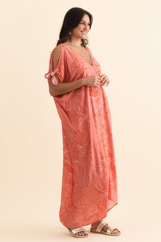 Miranda Pink Botanical Cold Shoulder Kaftan,Brunette model,alt text|model:Brontie image 5