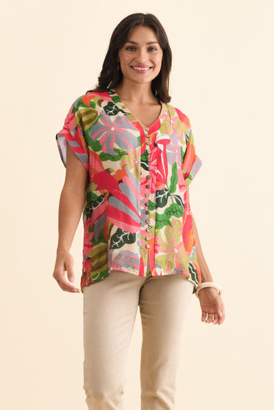 Miray Pink Hibiscus Button Top