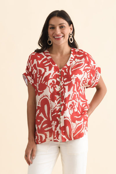 Miray Red Tropical Button Top