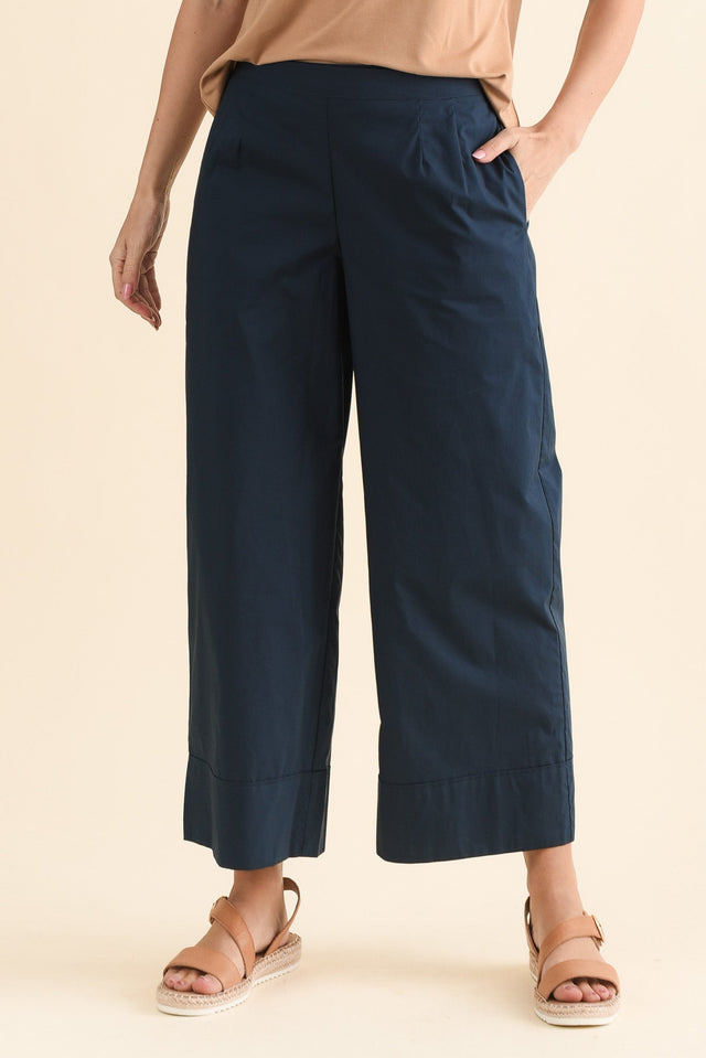 Mirra Navy Cotton Pocket Pants,Front,Brunette model,alt text|model:MJ