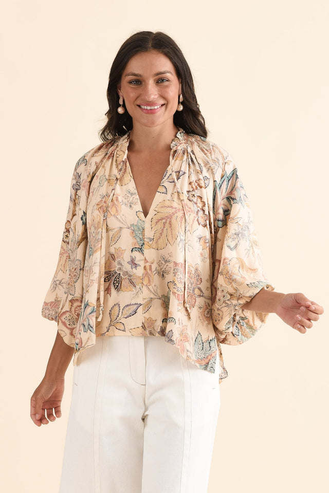 Misha Natural Garden Neck Tie Blouse,Front,Brunette model,alt text|model:Brontie